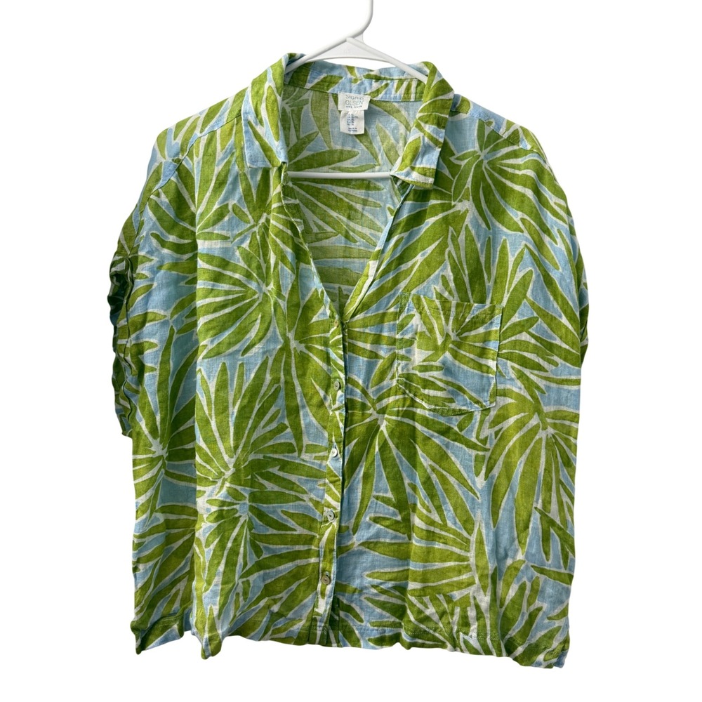 Sigrid Olsen Women XL Linen Button Down Shirt Green Blue Palm Leaf Tropical Top